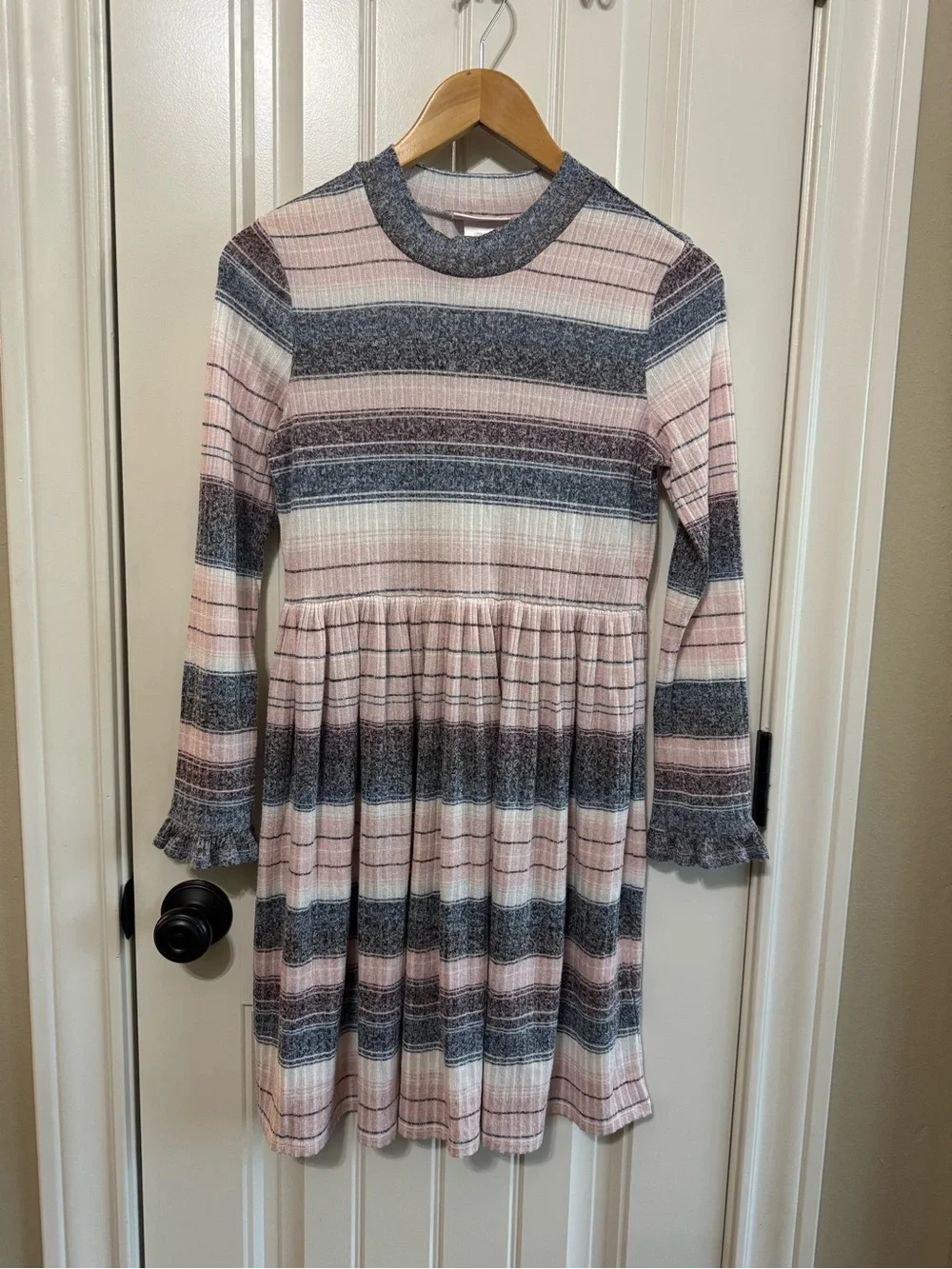 Bonnie Jean Girls Size 16 Pink Gray Striped Ribbed Knit Ruffle Babydoll Dress